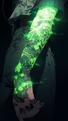 an anime character with green lights on his arm