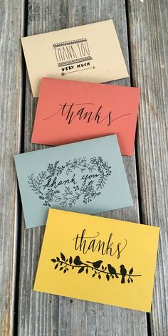 three thank cards with the words thanks written on them