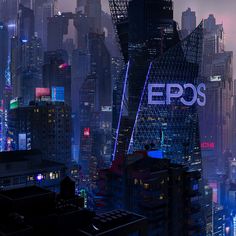 an image of a city at night with the eos logo on it's side