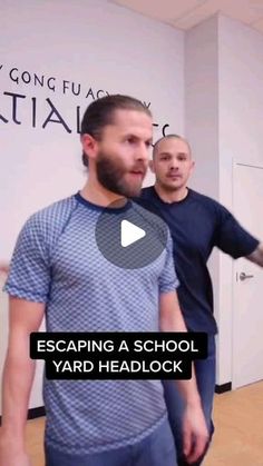 two men standing in front of a white wall with the words escaping a school yard headlock