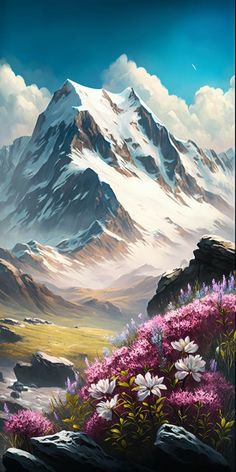 a painting of mountains and flowers in the foreground