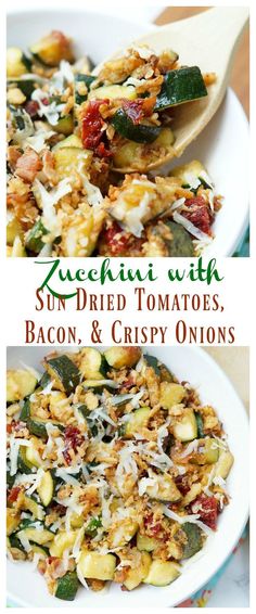 zucchini with sun dried tomatoes, bacon, and crispy onions on a white plate
