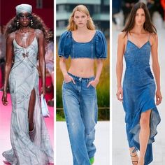 four different models in denim outfits on the runway