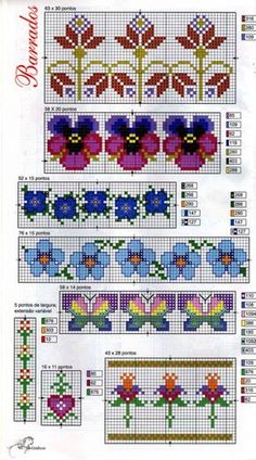 the cross stitch pattern is shown with different colors and patterns for each flower, which are in