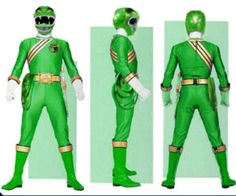 three different views of the green ranger costume