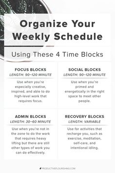 a poster with the words organize your weekly schedule using these 4 time blocks and social blocks