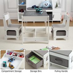 the children's table and chairs are in different stages of being used as storage bins