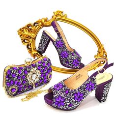 Nigerian Luxury Fashion Ladies High Heel Slippers and Bags Set with Rh Shoes And Bag Set, Crystal Shoes