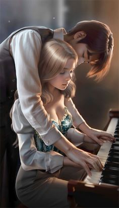 two people are sitting at a piano playing it with their heads close to each other
