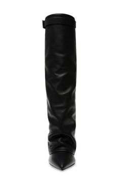 A buckled collar strap and foldover shaft lend bold elements to a knee-high leather boot balanced by a pointy toe and hidden wedge heel. 3" heel,  15" shaft (size 8.5) 16 1/2" circumference (size 8.5) Leather upper/synthetic lining and sole Imported Foldover Boots, Miami Outfits, Black High Boots, Knee High Boot, Knee High Leather Boots, Leather Boot, Fall 2024, Dream Wardrobe, Knee High Boots