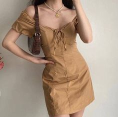 #puffysleevedress #brownminidress #aestheticdress Knot Tie Dress, Retro Mini Dress, Brown Mini Dress, Vintage Vacation, Street Y2k, Fe Clothing, Puff Sleeve Mini Dress, Dress Women Elegant, Light Dress