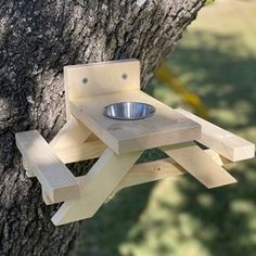 a dog feeder attached to a tree