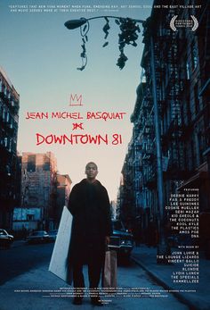 a movie poster for downtown 31 with a man holding shopping bags in the middle of the street