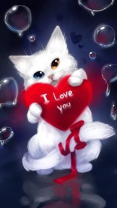 a white cat holding a red heart with the words good night written on it and bubbles floating around