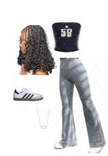 a woman with long hair wearing grey pants and sneakers