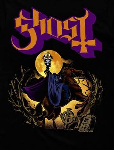 a black shirt with an image of a skeleton riding a horse and the words ghost on it