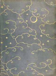 the sky with stars and clouds is shown in gold on blue background, as well as white swirls