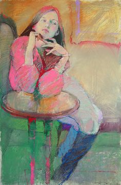 a painting of a woman sitting at a table talking on her cell phone while looking down