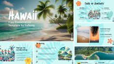 a brochure with an image of the beach and palm trees on it's side