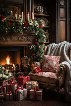 a living room decorated for christmas with presents