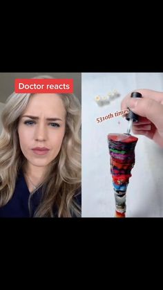 a woman is holding a small tube in her hand and the words doctor reacts on it