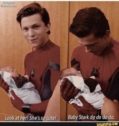 a man holding a baby in his arms and wearing a star trek costume with the caption look at her she's so cute