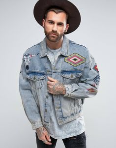 ASOS Oversized Denim Jacket with Embroidery in Blue Wash | ASOS Jeans Refashion, Custom Dress Shirts, Denim Jacket Men, Basic Shirts, Leather Jacket Men, Blue Jacket, Jacket Outfits