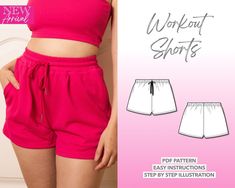 a woman in pink shorts with the words work out shorts written on it and an image of