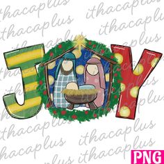a christmas nativity scene with the word joy and an image of jesus in a manger