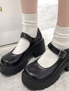 Black Preppy,Fashionable Collar  PU Leather Plain Mary Jane Embellished   Women Shoes Cosplay Plus Size, Harajuku Shoes, High Heel Platform Shoes, Zapatos Mary Jane, Girls High Heels, Dr Shoes, Fashion Shoes Flats, Mary Jane Shoes Womens, Loafer Shoes Women