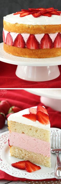 two pictures of a strawberry cake with white frosting and sliced strawberries on top