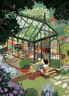 a painting of a greenhouse surrounded by flowers and plants