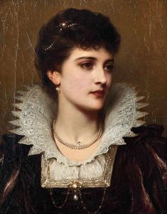 a painting of a woman wearing a black and white dress with pearls on her head