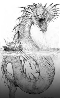 a drawing of a dragon attacking a boat