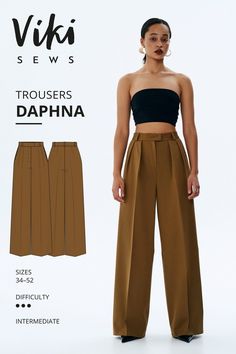 a woman in brown pants and black top with the words viki sew's trousers daphna