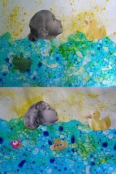 two paintings depicting children swimming in water with rubber ducklings and bubbles on the wall