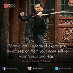 a man is practicing martial moves with a quote about martial art and self - expression