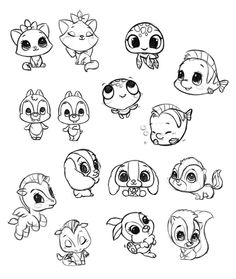 the littlest pet shop characters are drawn in black and white, with different expressions