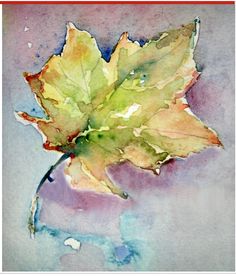 a watercolor painting of a leaf on a purple background