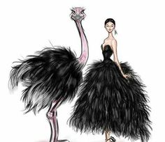 a woman in a black dress standing next to an ostrich with feathers on it