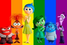 the characters from inside out in front of a rainbow colored background