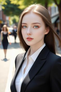 a woman in a business suit is standing on the street and looking at the camera