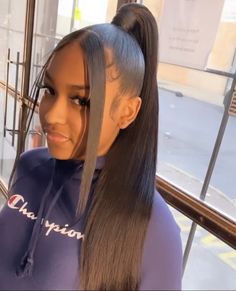 Sleek Ponytail Weave Side Part, Slick Ponytail With Two Bangs, 16 Inch Ponytail Weave, Long Pony Tailed Hairstyle Black Women, Ponytail With 2 Strands Out, Birthday Hairstyles Ponytail, Straight Ponytail With Bangs, High Ponytail With Two Strands Out, Black Girls Hairstyles Weave Ponytails