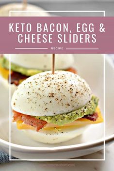 the keto bacon egg and cheese sliders are on a white plate with a pink border