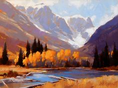 an oil painting of mountains and trees in the fall