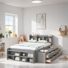 a child's bedroom with white walls and flooring