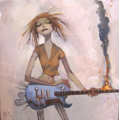 a painting of a woman holding a blue guitar