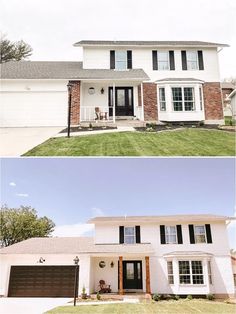 before and after shots of a white house with black shutters