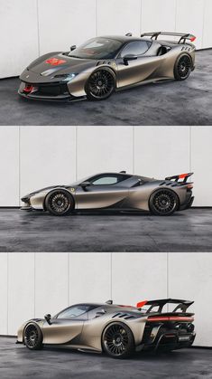 three different views of a silver sports car