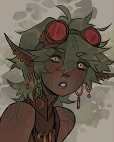 a drawing of a woman with green hair and red goggles on her head, in front of a grungy background
